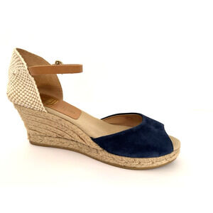 Kanna Espadrille Sandals 8 Blue Suede Peep-Toe Ankle Strap Jute Wedge Spain
